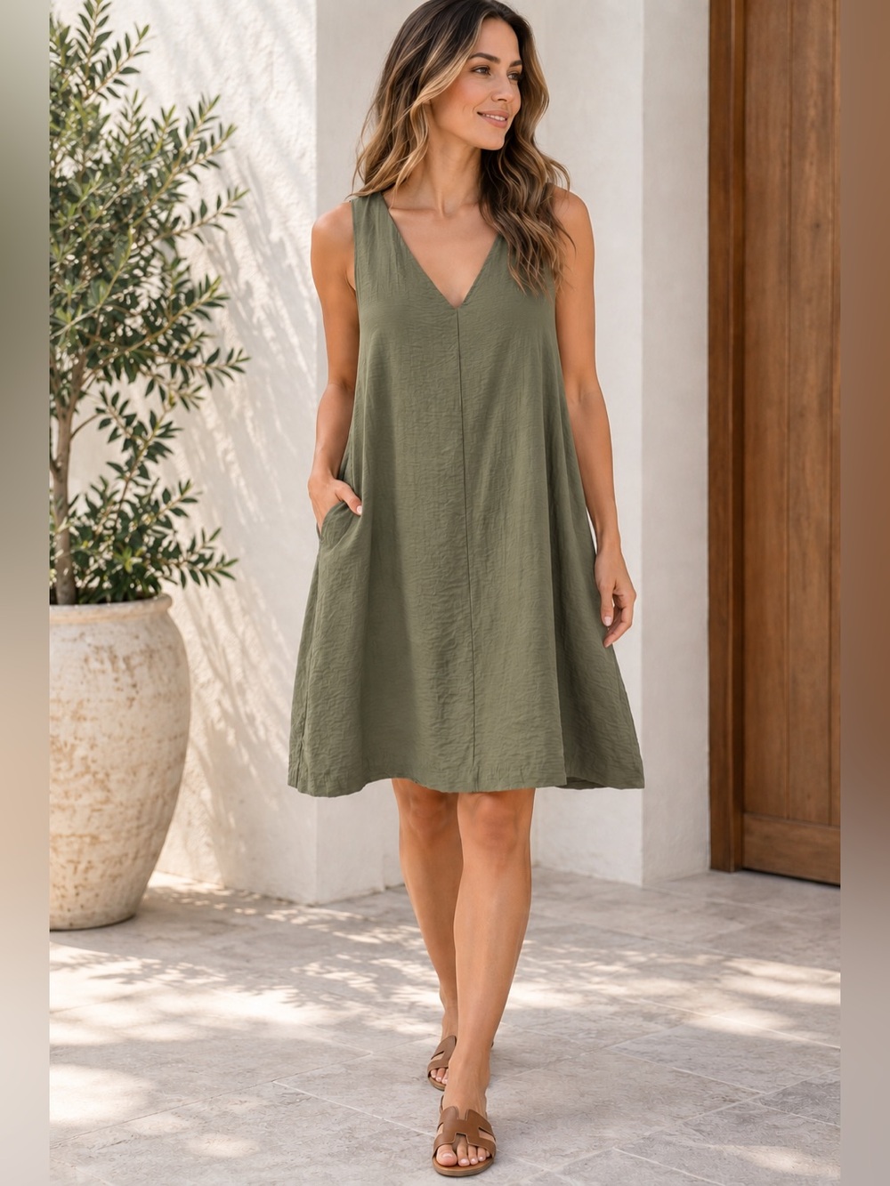Banana Republic Women’s Sleeveless V-Neck Shift Dress Olive Green XL Rayon